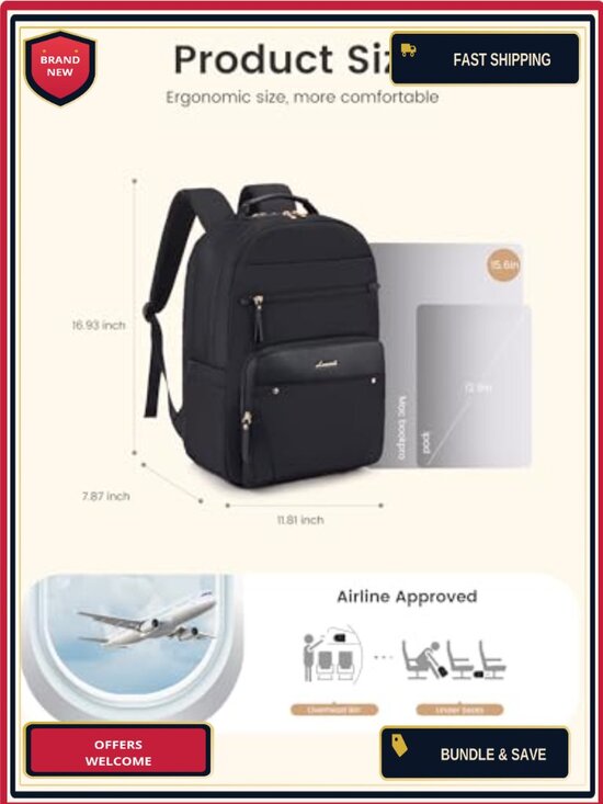 Laptop Backpack for Women with Leather Trim, 15.6\
